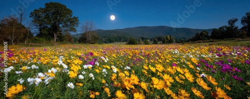 Full moon shining on wildflower field at night concept. Colorful wildflowers bloom under a bright full moon at night.
