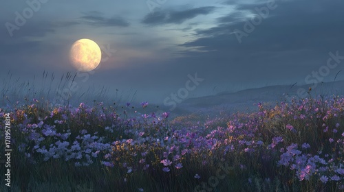 Full moon shining on wildflower field at night concept. Serene landscape featuring vibrant flowers under a glowing moon.