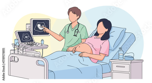 Pregnant Woman Receives Ultrasound Examination by Doctor
