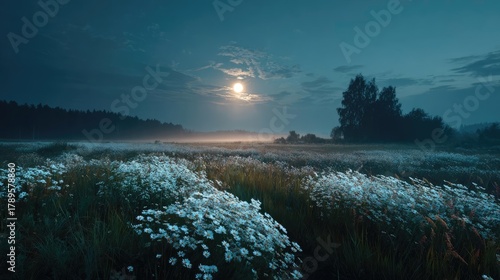Full moon shining on wildflower field at night concept. A serene night scene with blooming flowers under the moonlight.