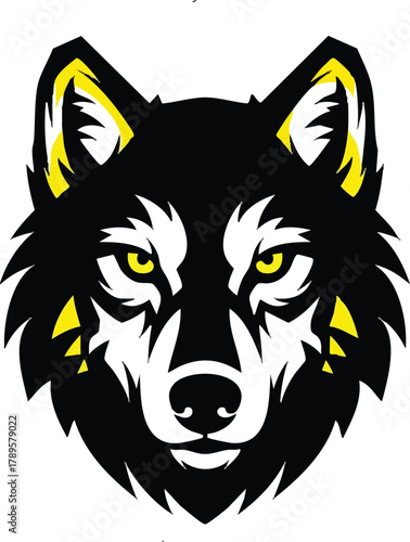 Striking wolf head graphic with intense yellow eyes and bright yellow accents on a black and white base. A powerful mascot for sports teams or bold brands.