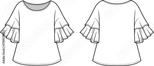 Fashion flat sketch of women’s ruffle sleeve blouse, stylish short top design template, apparel vector illustration for clothing design presentation