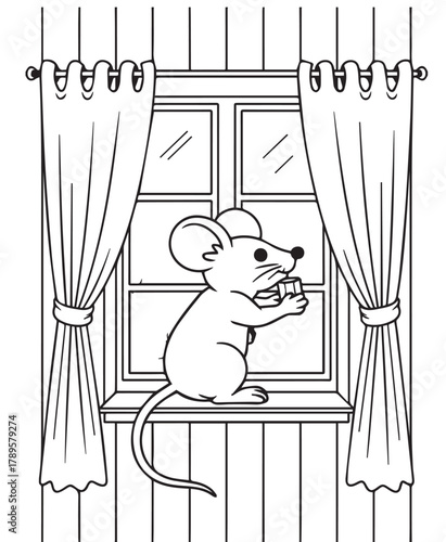 Monochrome rat stands on window sill, clutching a block of cheese within a room