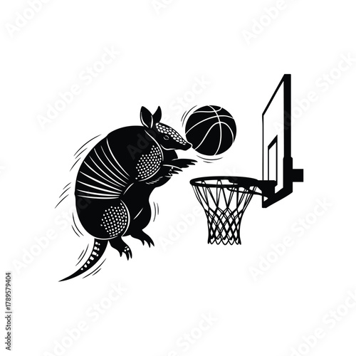 Armadillo playing basketball silhouette vector illustration, mammal action sport