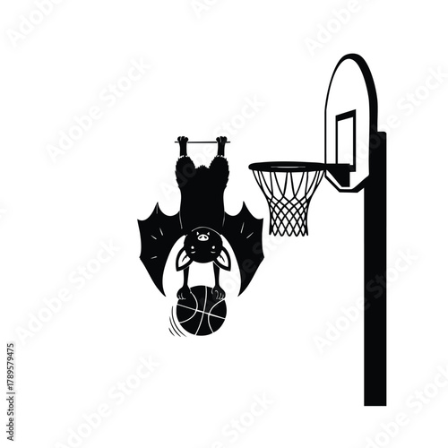 Bat hanging upside down playing basketball silhouette vector illustration