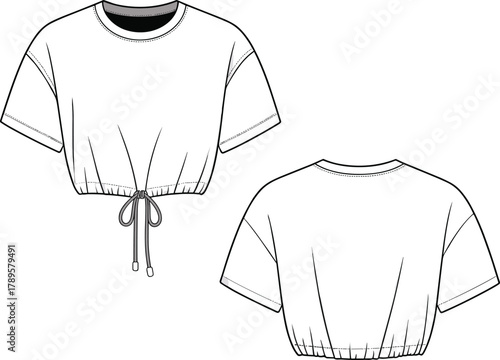 Women drawstring crop top fashion flat sketch, short sleeve casual t-shirt design template, stylish apparel vector illustration, CAD drawing flat vector illustration
