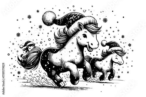 A horse with a hat and a snowflake on it is running with two other horses. The horses are wearing hats and are in a snowy environment