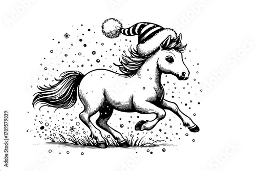 A horse is running in the snow with a hat on its head. The horse is wearing a hat and he is enjoying the winter weather
