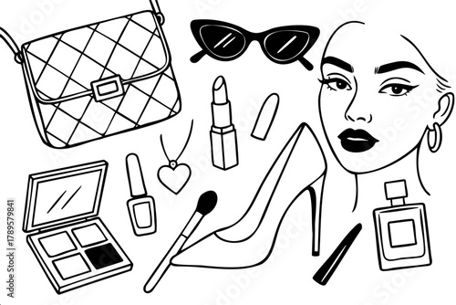 A woman is wearing a pair of high heels and is surrounded by various makeup and fashion items. The image is a representation of the beauty and glamour industry, showcasing the different products