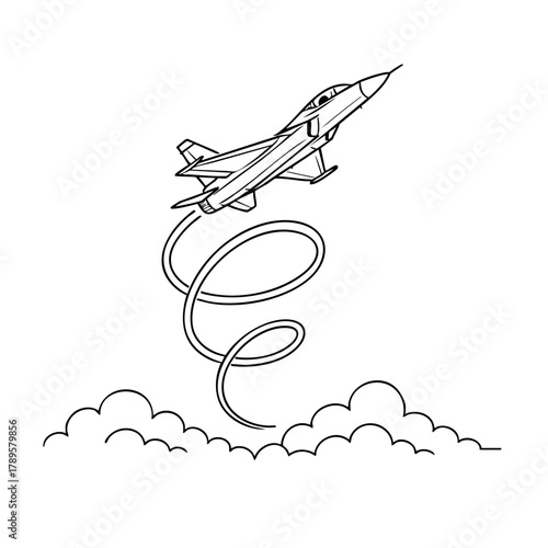 A jet is flying through the sky with a spiral trailing behind it. Concept of motion and excitement, as the jet soars through the clouds