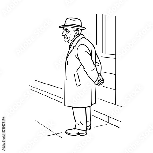 A man in a hat and coat is standing on a sidewalk. He is looking at something behind him