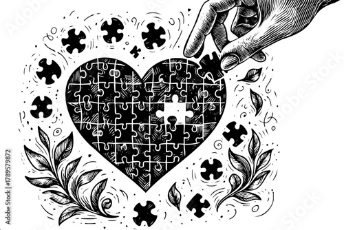 A hand is reaching into a puzzle of a heart. The puzzle is missing a piece, which could symbolize the loss of a loved one or the struggle to complete something