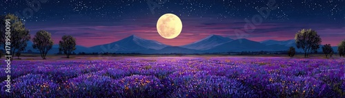 Full moon shining on wildflower field at night concept. A serene lavender field under a full moon at twilight.