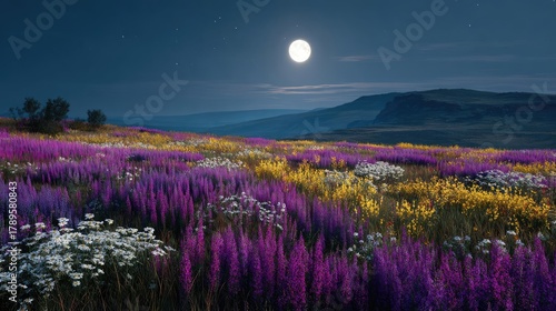 Full moon shining on wildflower field at night concept. Stunning night landscape with colorful flowers under the moonlight.