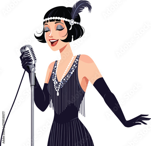 Elegant 1920s flapper woman singing jazz in vintage style with feathered headband and retro microphone illustration