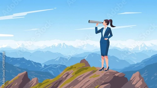 Visionary Businesswoman on Mountain Peak with Telescope, Symbolizing Future Vision, Strategic Foresight, and Opportunity Exploration for Business G...