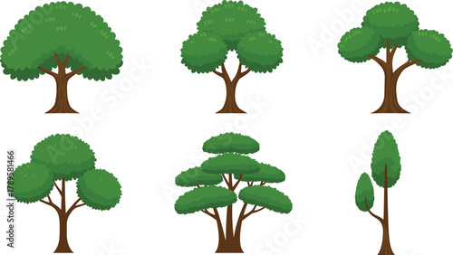Collection of six different cartoon green trees illustration, natural forest plant set, eco friendly environment design, isolated vector graphics
