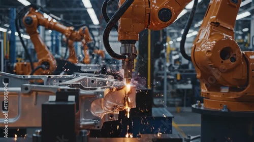 Industrial Robots Welding Metal Components in Factory.