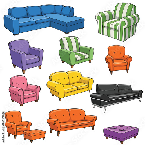 Collection of colorful sofas and armchairs
