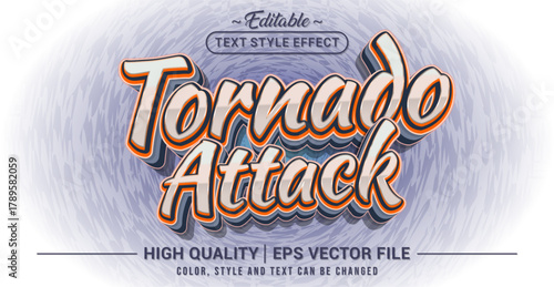 Editable text effect vector “Tornado Attack” with a stormy, bold, and action-packed style. Perfect for gaming titles, adventure posters, and extreme weather themes.