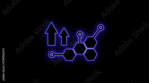 Futuristic neon molecular structure with upward arrows in blue glow on black background.