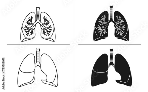 Lung anatomy illustration set in black and white line art showing detailed and simplified bronchial tree variations in four styles