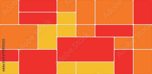 Abstract mosaic of red, orange, and yellow rectangles of varying sizes, creating a vibrant and dynamic visual pattern