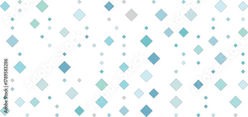 Abstract pattern of light blue and teal diamonds and circles scattered on a white background