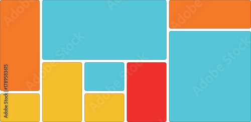 Abstract mosaic composition with vibrant orange, cyan, yellow, and red rectangular and square blocks arranged in a visually appealing pattern