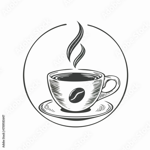 Monoline Retro Coffee Cup Logo – Black & White Vector Vintage Café Emblem