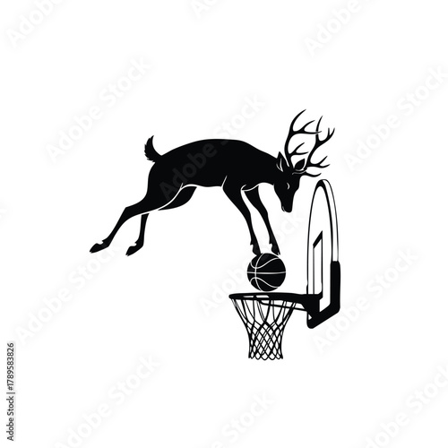 Deer playing basketball silhouette vector illustration, deer dunking action on sports