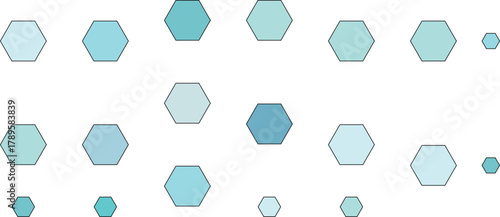 A pattern of light blue and teal hexagons and circles on a white background