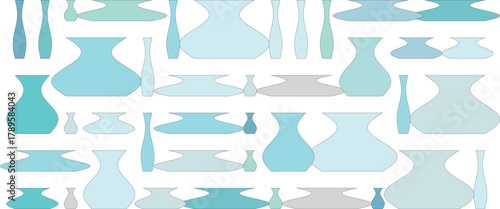 A collection of various blue and green vases and bottles