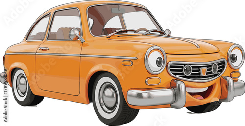 Cute orange cartoon vintage car illustration, smiling retro automobile with chrome bumper, fun kids animation concept, cheerful vehicle artwork