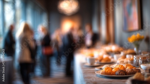 A soft blur of a breakfast event where professionals network over morning coffee. High quality