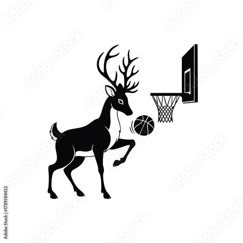 Deer playing basketball vector silhouette of animal doing sport game with ball
