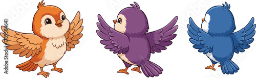 Three cute cartoon birds in orange, purple, and blue colors spreading wings, adorable vector animal illustration for kids and design