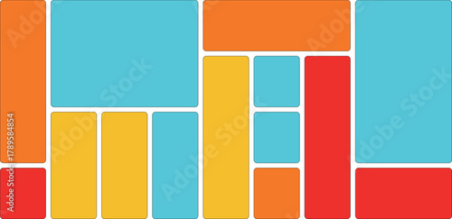 Abstract mosaic of colorful rectangles and squares in a gridlike pattern, featuring orange, cyan, yellow, and red