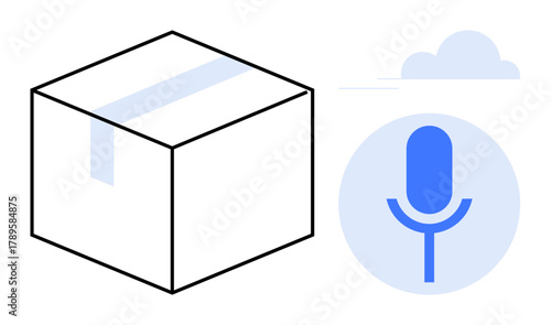 Cardboard box with sealing tape next to microphone icon and cloud. Ideal for logistics, AI, delivery, IoT, innovation, automation, efficiency. Represents modern tech in a simple flat metaphor