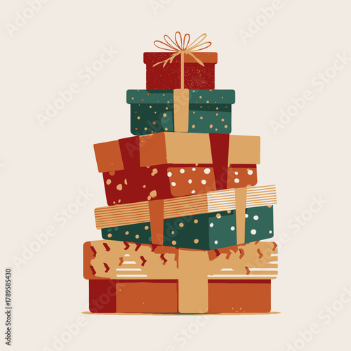 Stack of colorful gift boxes with ribbons and bows.