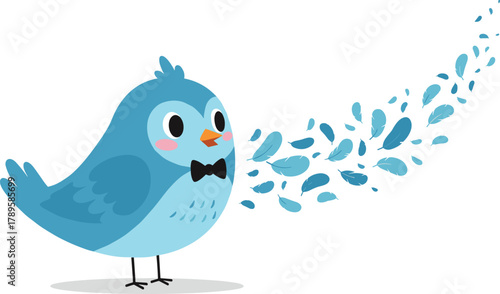 Cute blue cartoon bird wearing black bow tie with flying feathers, adorable vector illustration, creative animal design isolated background