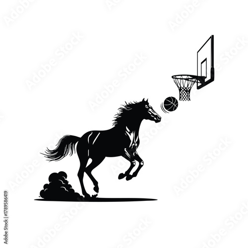 Horse Playing Basketball Silhouette Running with Ball to Net Sport Game Scoring with Style 100 Characters