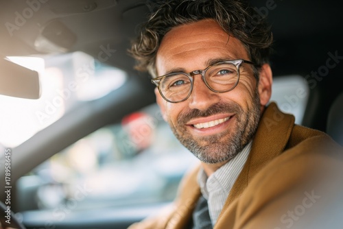 photograph of a handsome, smiling man, sitting behind the wheel of a modern car.