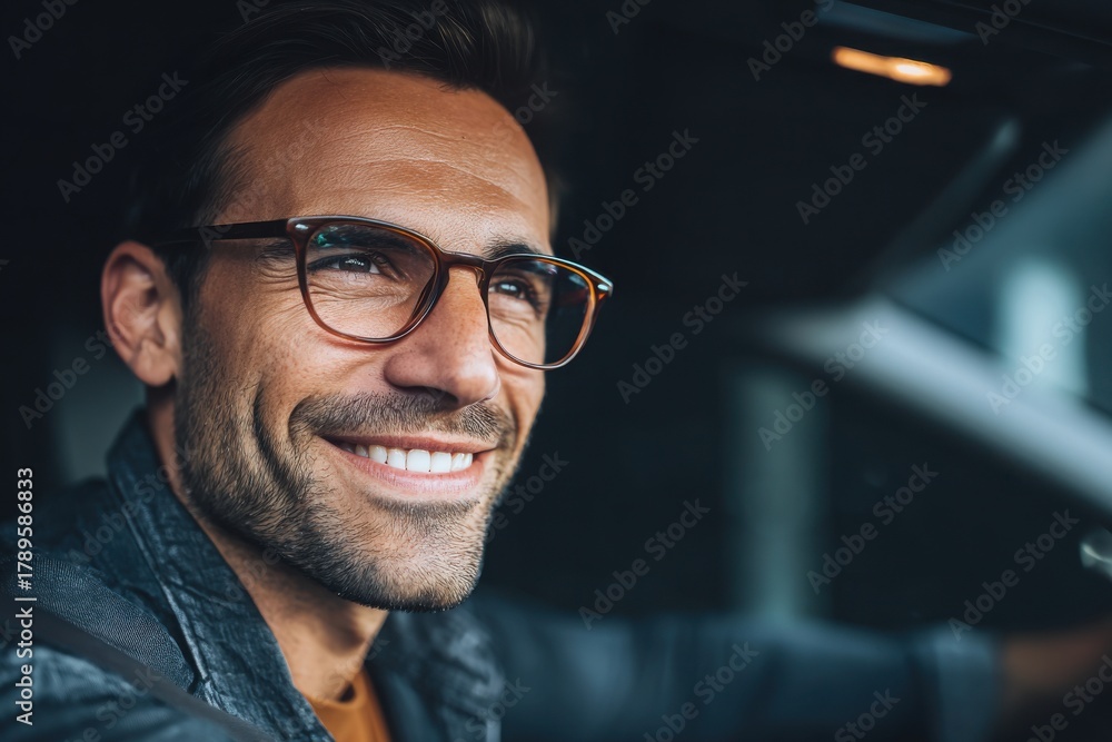 Obraz premium photograph of a handsome, smiling man, sitting behind the wheel of a modern car.