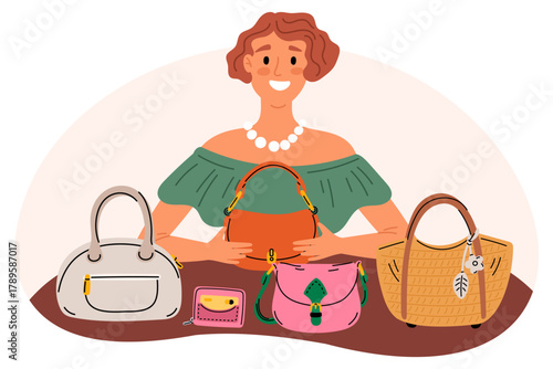 Young woman selling handbags. Shop marketing. Female with leather handmade products. Fashion accessory. Seller at counter. Glamour tote or couch. Saleswoman showing clutch. Vector concept