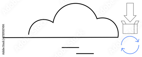 Cloud above a line with arrows showing box download and sync update cycle. Ideal for cloud storage, data sharing, file transfer, backups, software updates, technology workflow, simple flat metaphor