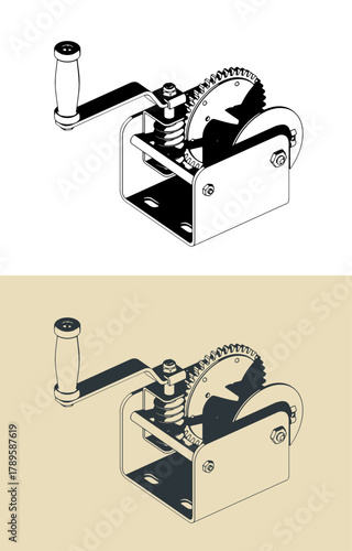 Worm gear hand winch illustrations