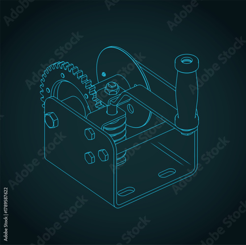 Worm gear hand winch isometric blueprint illustration