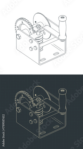 Worm gear hand winch isometric  drawings illustrations