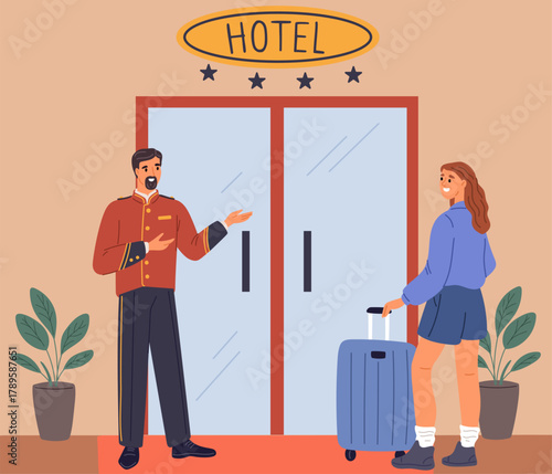 Uniformed doorman at hotel entrance invites girl with baggage suitcases to come inside. Traveler waiting elevator at motel lobby. Concierge hospitality. Hostel service staff. Vector concept